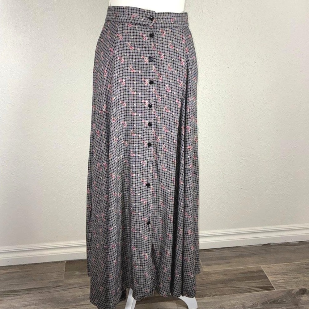 Vintage Blue 90s Plaid Floral Button Front Maxi Skirt Grey Pink Rayon Grunge 9